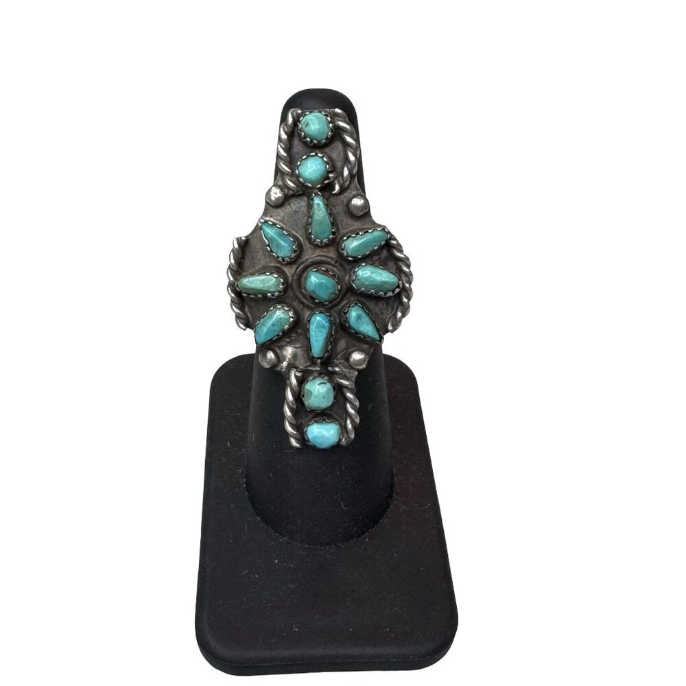 Vtg Old Pawn Navajo Sterling Silver Turquoise Cluster Ring Navajo Statement Sz 6